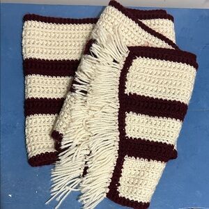 Hand Crafted Cream and Burgundy Striped Crochet Scarf with Fringe